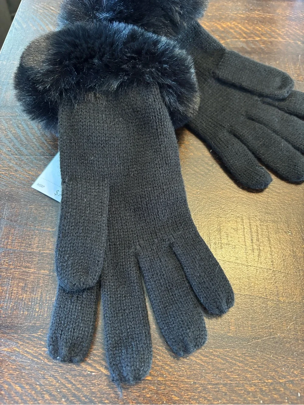 Women’s Michael Kors Black Knit Gloves with Faux Fur Trim